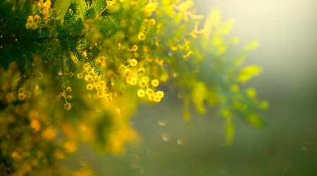 Mimosa Spring Flowers Easter background. Holiday backdrop, border art design. Blooming mimosa tree over sunny sky, bright sun flare. Mother's Day. Garden, gardening. Spring holidayの写真素材