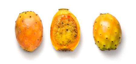 Prickly pear cactus, set of Opuntia edible fruit macro shot, isolated on white background. Whole and halved fresh tasty sweet exotic fruits macro shot. Opuntia ficus indica, top viの写真素材