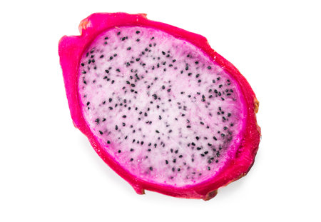 Dragon fruit, Pitahaya, Pitaya exotic asian vegan juicy fruit close up. Isolated on white background. Top view, flat lay.の写真素材