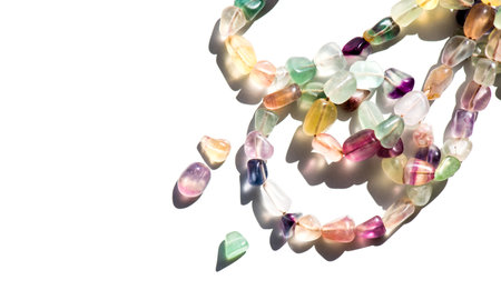 Fluorite natural colorful stones, mineral, beads of bracelet, necklace isolated on white background. Fluorspar stone gems, set of natural mineral stones, beautiful gemstones.の写真素材
