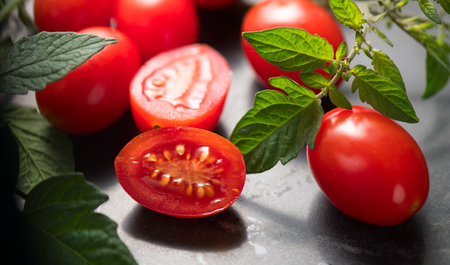 Cherry tomatoes, tomato Fresh Ripe  little tomatoes close-up. Vegetables, Organic tomato with leaves over black marble table background. Macro shot. Cooking concept.の写真素材