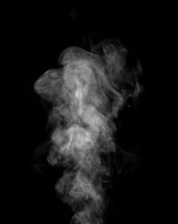 Steam, smoke, vapor isolated on black background. Smoke steam spray, abstract vaporing water, texture of cold mist, hot vapor, fog effect closeup, black screen. Hot food, drink. Foの写真素材