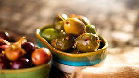 Olives, homemade marinated colorful olives with herbs and spices on rustic table, close up. Healthy Mediterranean vegan food, macro shotの写真素材