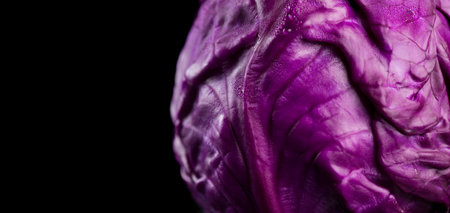 Red cabbage macro shot, whole head of cabbage over black background, border design. Eco vegetables,  bio violet cabbage, vegan food, heathy eating conceptの写真素材