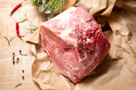 Raw Pork meat fillet. Fresh Pork meat, piece of meat close up. Prime filet meat texture. Chilled pork Boston butt, collar, shoulder. Steak. Raw pork neck, Spices. On wooden table bの写真素材