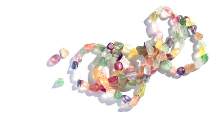 Fluorite natural colorful stones, mineral, beads of bracelet, necklace isolated on white background. Fluorspar stone gems, set of natural mineral stones, beautiful gemstones. Top vの写真素材