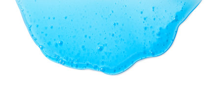 Blue liquid gel flowing, shower fluid gel border, isolated on white background, dripping shampoo texture on white, body care cosmetic, texture of liquid washing product, soap backdの写真素材