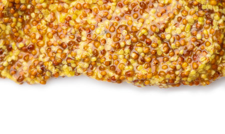Mustard, French Dijon mustard sauce with whole seeds, isolated on white background. Grainy texture....