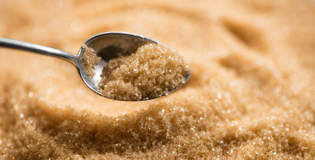 Brown Cane sugar in a spoon close up. Healthy eating, diet concept, macro shotの写真素材