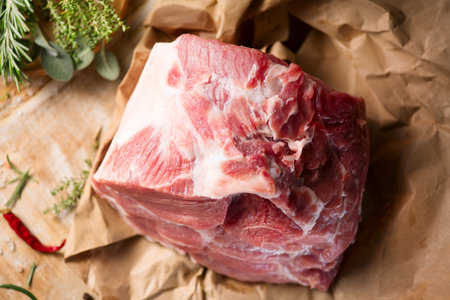 Raw Pork meat fillet. Fresh Pork meat, piece of meat close up. Prime filet meat texture. Chilled pork Boston butt, collar, shoulder. Steak. Raw pork neck, Spices. On wooden table bの写真素材