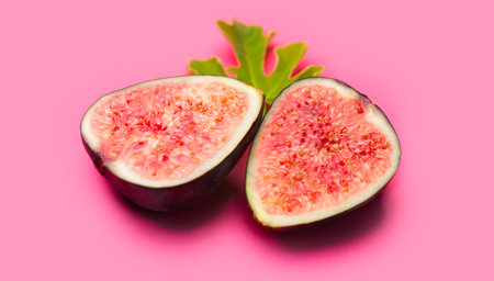 Fig fruits. Ripe sweet fresh figs fruit with leaf close up, on pink background, half of bio ripe Mediterranean fig, slicedの写真素材