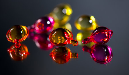 Cosmetic capsules for face or hair care, colorful liquid-filled capsules, oil, serum, pink and yellow varieties, on black glossy, reflective surface. Capsules on grey background, vの写真素材