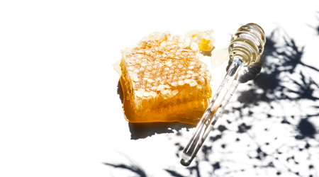 Honey in honeycombs dripping, pouring from glass honey dipper spoon, on white background with shadows. Healthy organic liquid honey spill, with flowers. Flat lay, top view, from abの写真素材