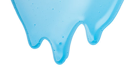 Blue liquid gel flowing, shower fluid gel border, isolated on white background, dripping shampoo texture on white, body care cosmetic, texture of liquid washing gel, soap backdropの写真素材