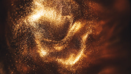 Photo of Gold particles floating background, Liquid gold, golden abstract backdrop. Beautiful metallic yellow dust texture, Metallic paint close-up. Art Wallpaper waves surfaceの写真素材