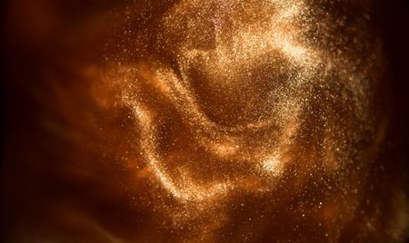 Photo of Gold particles floating background, Liquid gold, golden abstract backdrop. Beautiful metallic yellow dust texture, Metallic paint close-up. Art Wallpaper waves surfaceの写真素材