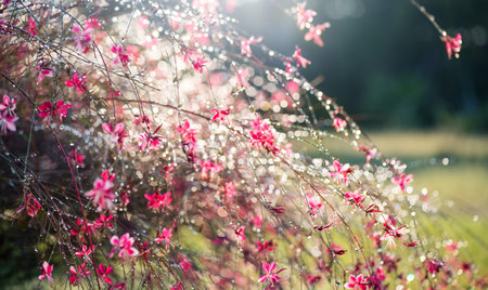 Gaura pink flowers blooming, garden design, in dew drops, morning sun, romantic country cottage garden, closeup.の写真素材