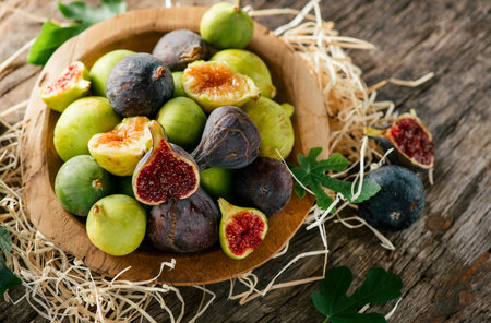 Fig fruits over wood background. Ripe sweet fresh figs fruit with leaf close up, flat lay, top view.の写真素材