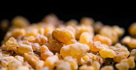 Frankincense olibanum resin, Boswellia sacra Isolated on black background. Frankincense or olibanum aromatic resin for incense and perfumes, medicine, religion concept. Incense, Frの写真素材