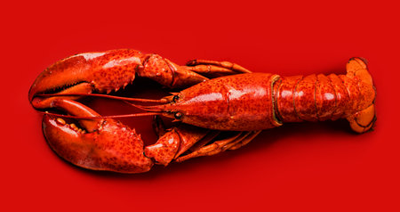 Lobster, Whole big lobster seafood, gourmet food, steamed lobster with big claws on red background, top view, flat lay, from above. Horizontal banner art design photo, close-upの写真素材