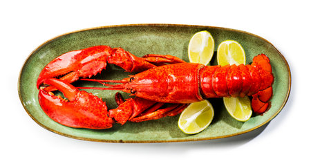 Lobster isolated on white, Lobster seafood, gourmet food, steamed lobster with big claws on a plate with lemon, top view, flat lay, from above. Horizontal banner art design, close-up.の写真素材