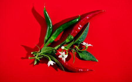 Red chili pepper red and green color, flowers, fruits and leaves, eco bio fresh red hot chilli peppers spice plant over red background. Flat lay, top view photoの写真素材