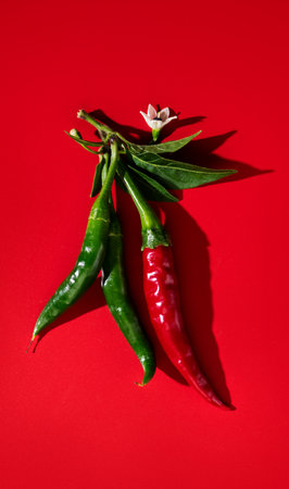Red chili pepper red and green color, flowers, fruits and leaves, fresh hot chilli peppers spice plant over red background. Flat lay, top view.の写真素材