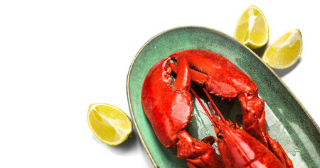 Lobster isolated on white, Lobster seafood, gourmet food, steamed lobster with big claws on a plate with lemon, top view, flat lay, from above. Border art design, close-up.の写真素材