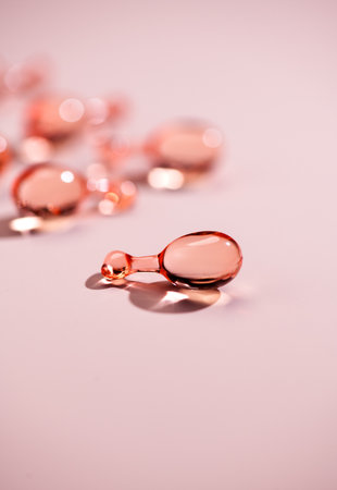 Skin care capsules face serum, revitalising capsule for youthful skin, collagen Professional cosmetics. Face care, pink liquid-filled capsules over beige. Beauty treatment. Top vieの写真素材