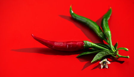 Red chili pepper red and green color, flowers, fruits and leaves, eco bio fresh red hot chilli peppers spice plant over red backgroundの写真素材