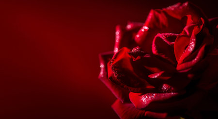 Red Rose Flower close up background. Valentine's Day backdrop. Beautiful Dark Red Rose with water...