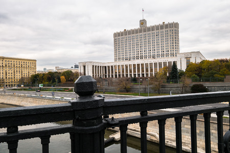 View from the Novoarbatskiy bridge on the House of the Government of the Russian Federation (White House). Krasnopresnenskaya embankment, Moscow, Russia.の写真素材