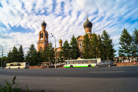 View of the Savior Transfiguration Church in Tushino from the Volokolamsk highway in a tranquil summer evening. Moscow. Russia.のeditorial素材