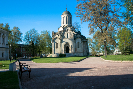 An ancient Spassky Cathedral of the Vernicle Image of the Saviour in the Andronikov monastery, view from the main entrance, Moscow. Russia. Architectural monument of the 15th century.の写真素材