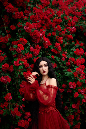 Vampire girl on a background of red rosesの写真素材