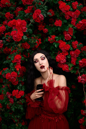 Vampire girl on a background of red roses