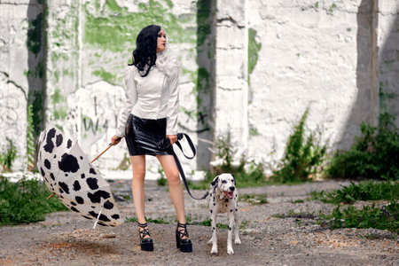Cosplay on Cruella de Vil with a Dalmatianの写真素材