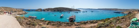 Super High Resolution Panorama of the beautiful crystal clear azure turquoise blue waters of the Blue Lagoon on the small holiday island of Comino, Malta, June 2017のeditorial素材