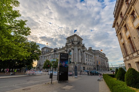 Exterior of historic German Reichstag Building, seat of the German Parliament, Berlin, Germany, Europe, June 2018.のeditorial素材