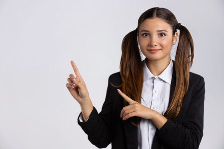 Smile Business woman show fingers isolated. Young girl and new start-up on isolated white background
