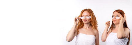Banner, long format. Red-haired girlfriends with cute funnies wrapped in towels and patches under...