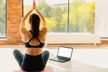 Athletic woman participating in an online video session of an online workout. Yoga instructor, modern laptop screen. Meditation, a healthy lifestyle and a new normal concept. High quality photoの写真素材