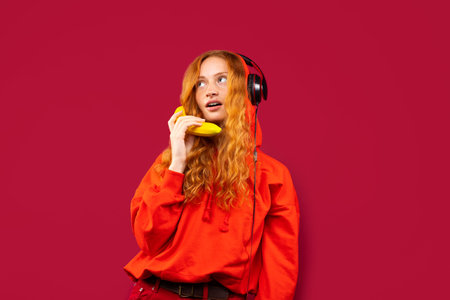 A red-haired girl in a red body shirt and big headphones, listens to music and poses with a banana. Photo on a red background, the concept of recreation and pastime. High quality photoの写真素材