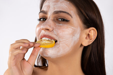 A girl with cream on her face holding slice of lemon in her mouth. White background. Spa and beauty. High quality photoの写真素材
