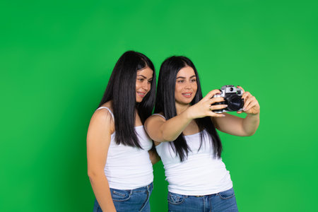 Caucasian twin girls take pictures with a vintage camera. Green background, side space. High quality photoの写真素材