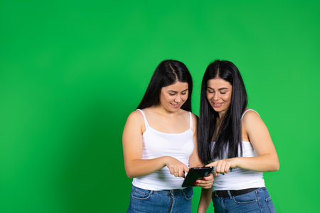 The brunette sisters are looking at the photos on the digital tablet and smiling sweetly. Green background and empty space. High quality photoの写真素材