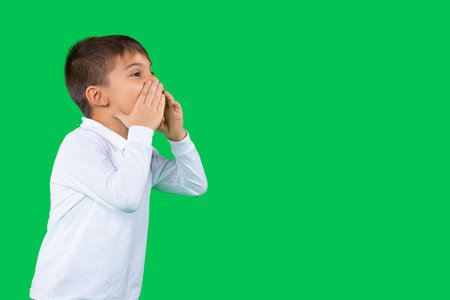 Profile portrait of preschoolboy holding his hands near mouth shouting loudly on green background with empty side space.の写真素材