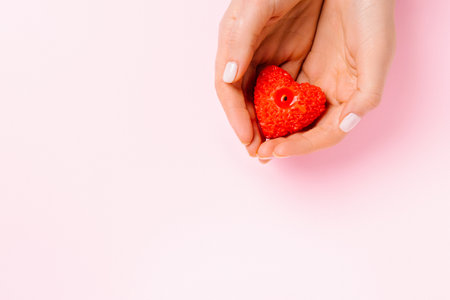 Gentle hands with a candle with a heart shape on a pink background with blank space.の写真素材