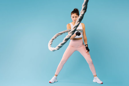 A sportive brunette girl with a rope on a blue background looks at the camera. Empty side...