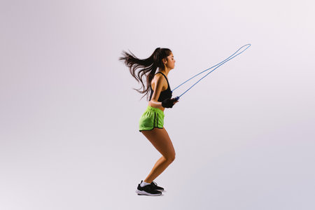 Sporty girl with jumping rope on white background with large empty side advertising space.の写真素材